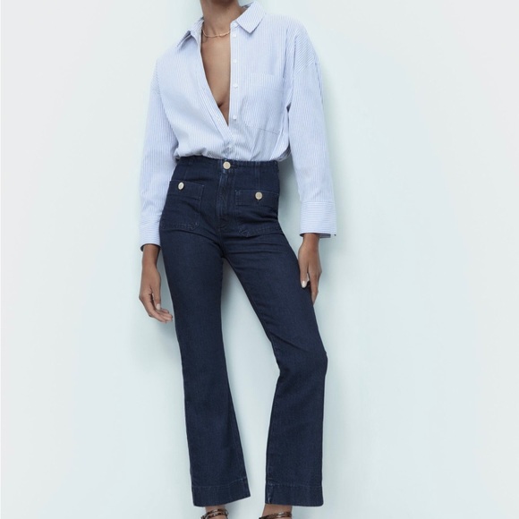 Zara NWOT Dark wash pocket button front straight leg semi cropped denim jeans - Picture 7 of 9
